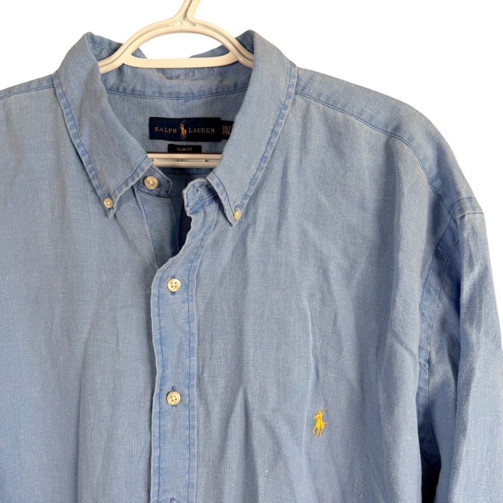 Ralph Lauren 100% Linen Shirt Button Down Mens 2XLT‎ Blue Slim Fit Short Sleeve